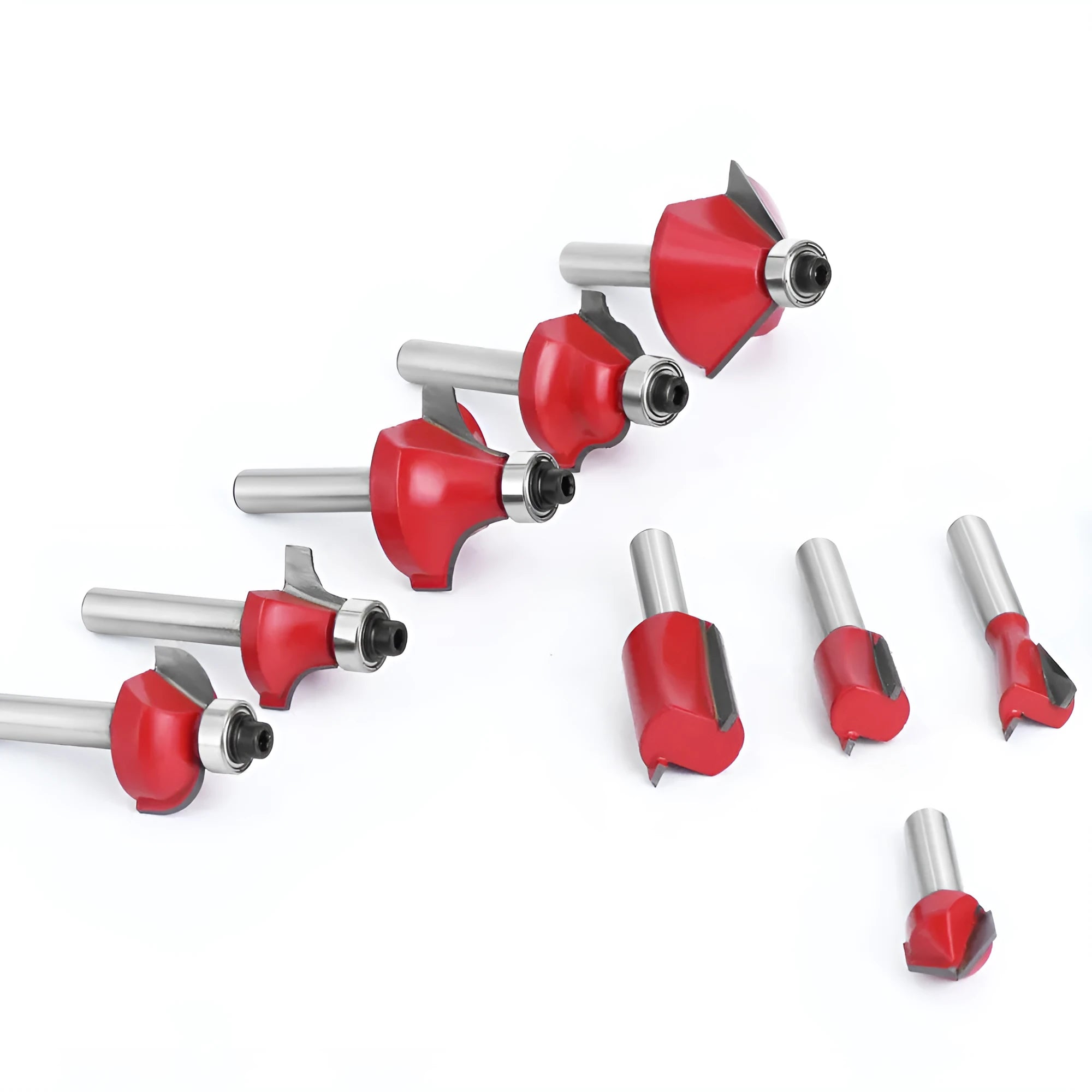 15-piece tungsten steel router bits set with 1/4 inch shank in red case for trimmer machines