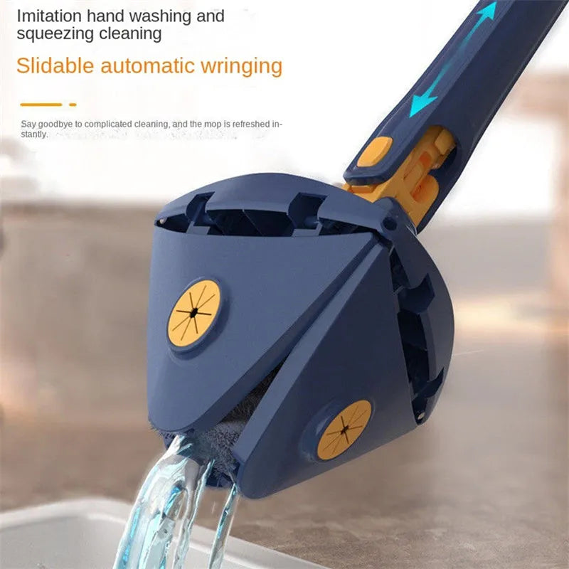 Blue triangle cleaning mop with extendable pole and rotating head for corner cleaning