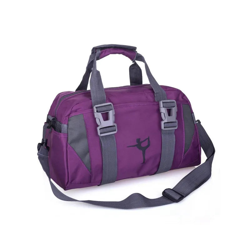 Black nylon yoga gym bag showing medium and large size options next to a yoga mat.