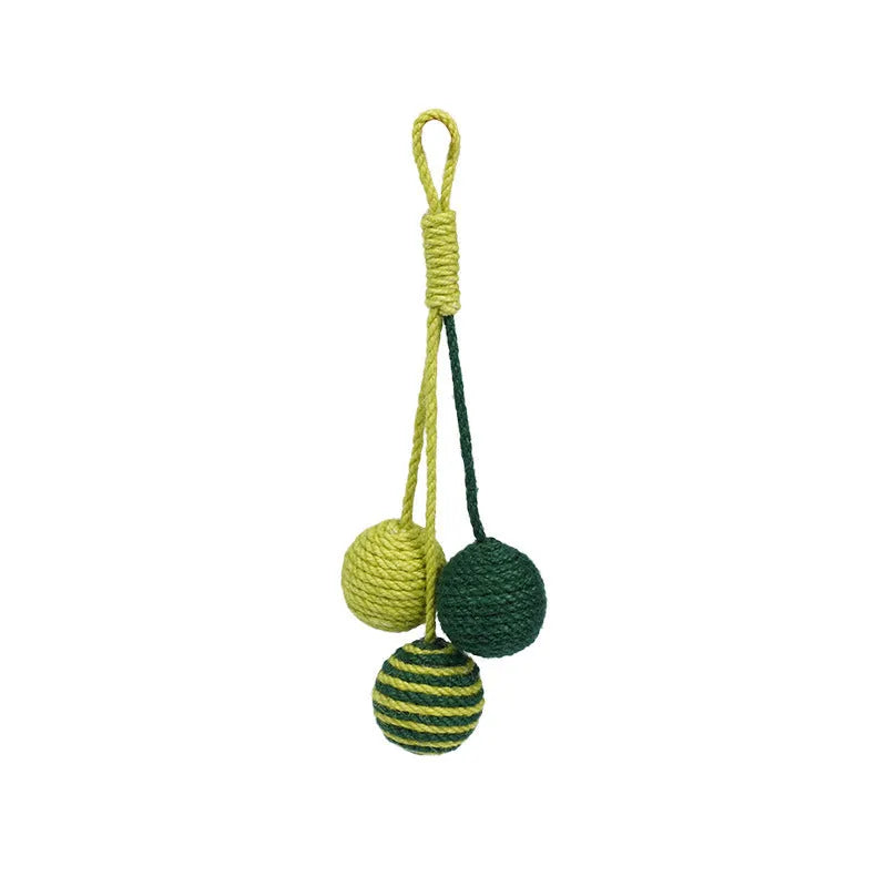 Cat teaser stick toy set with wand and three colourful catnip balls on blue background