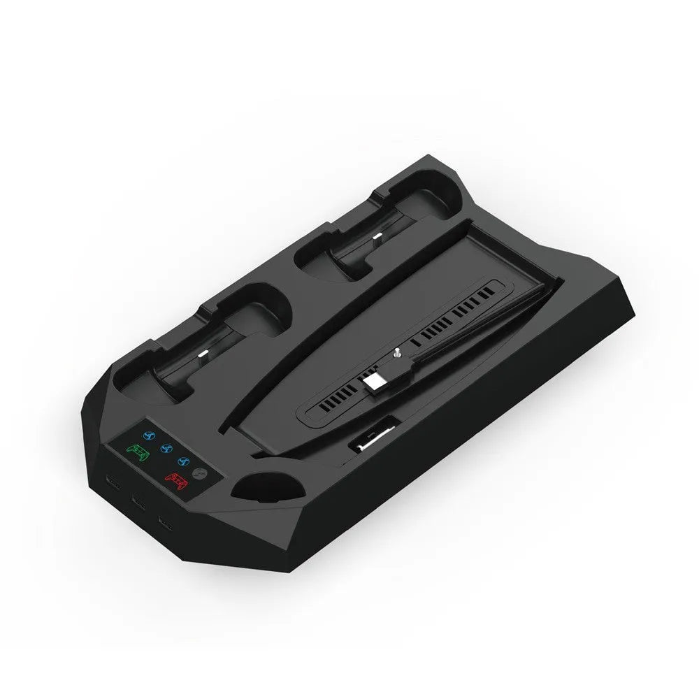 White PS5 charging stand with console upright, DualSense handle docked, and headset on hook.