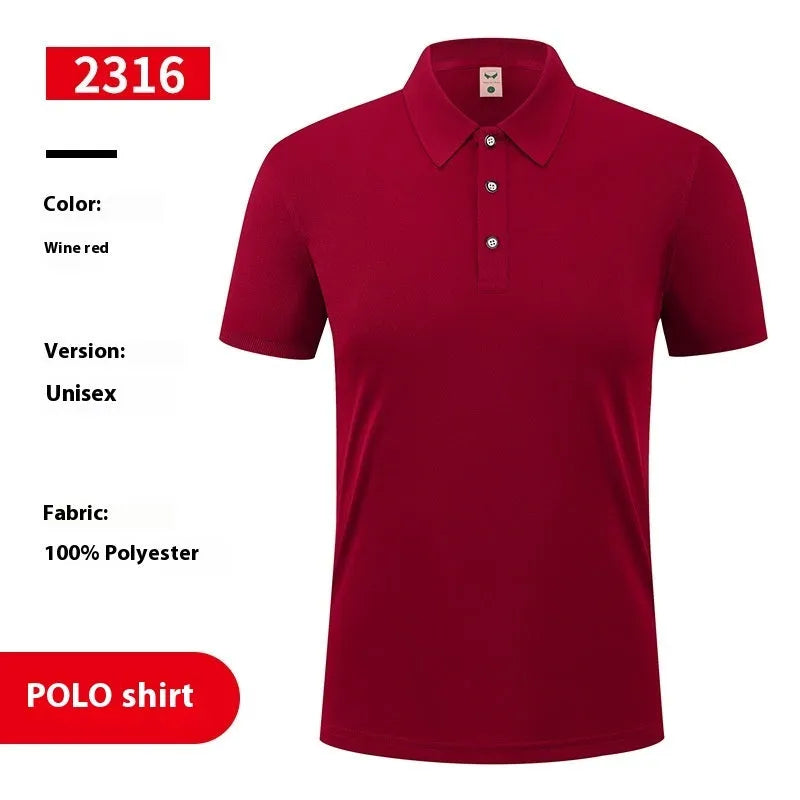 Men's short sleeve pullover polo shirt on a hanger, shown in multiple colours including white, black, and red.