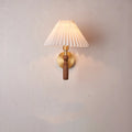 Retro style wall lamp with rubber wood base and fabric shade in walnut finish