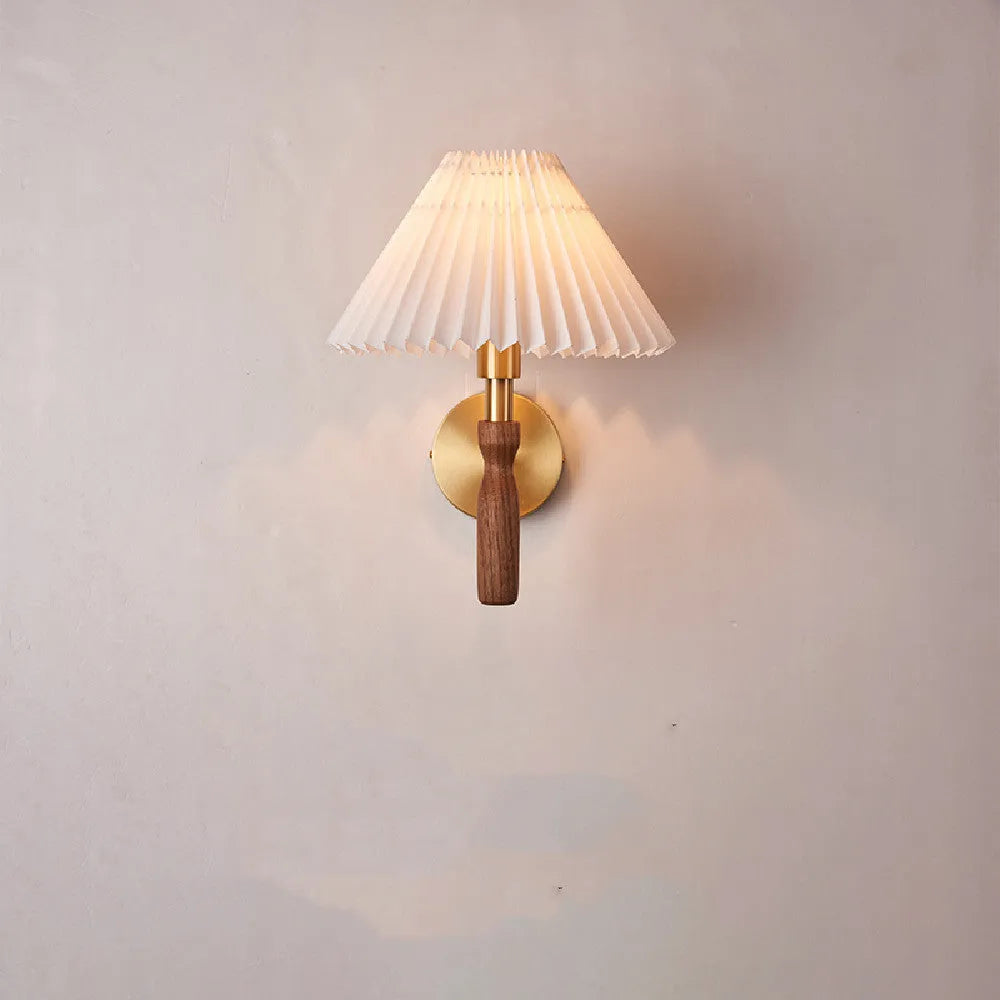 Retro style wall lamp with rubber wood base and fabric shade in walnut finish