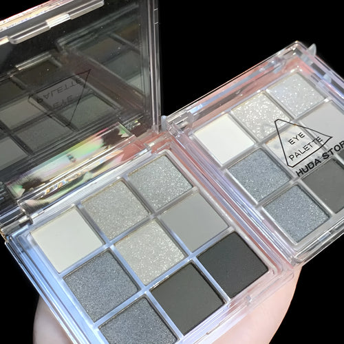 9-colour smoked eyeshadow palette showing white, silver, black and iron grey shades