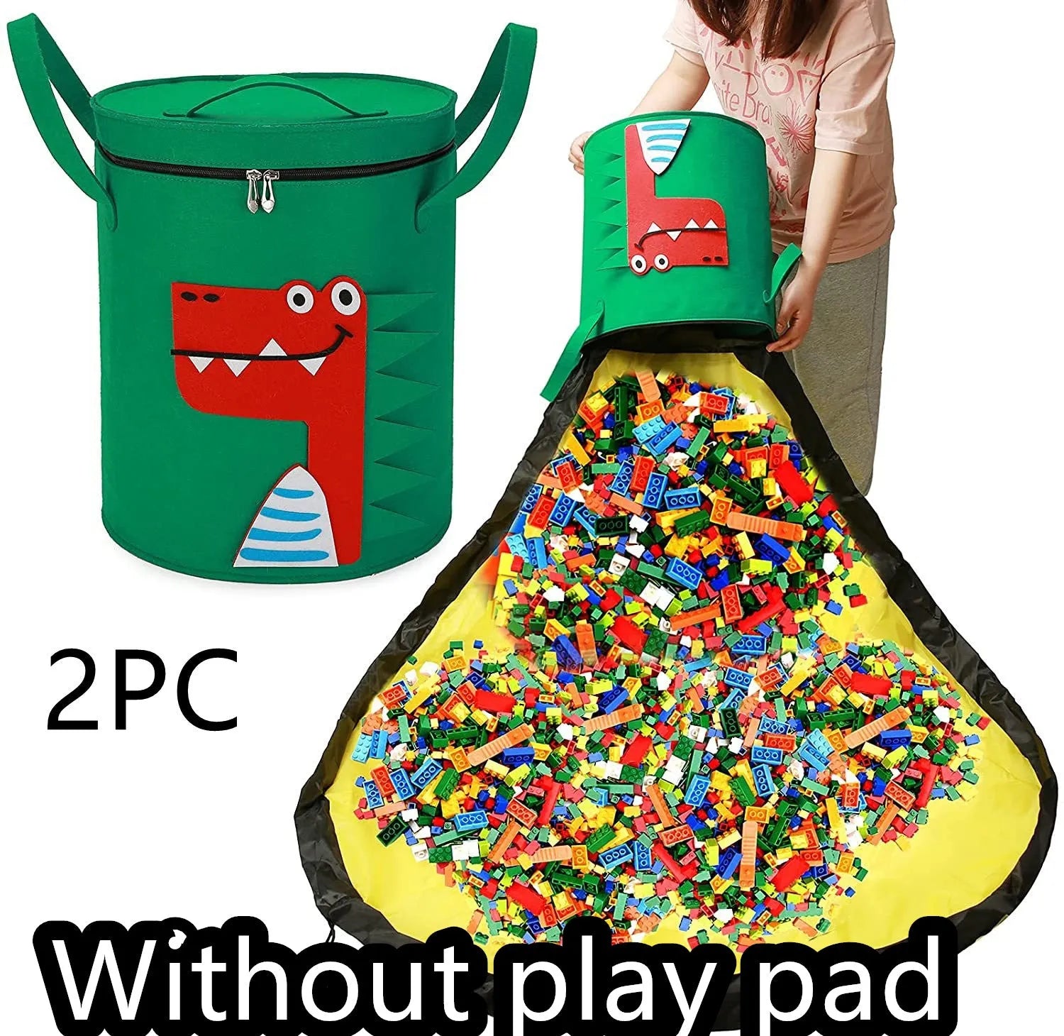 Green felt cube storage bag open as play mat with pull rope closure for children's toys