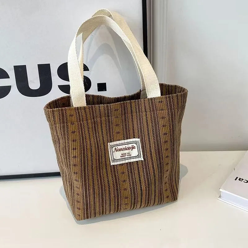 Japanese style corduroy handbag with large capacity in ivory white colour