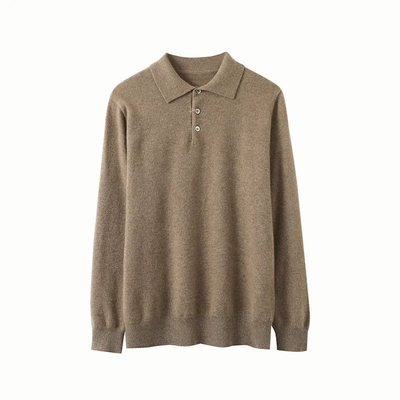Men's cashmere polo collar pullover sweater in loose fit on hanger