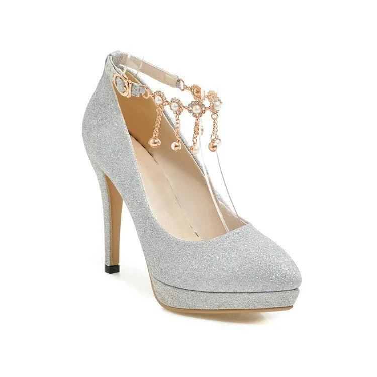 Women's solid colour platform high heel with stiletto heel and pointed toe in blue, pink, gold, or silver.