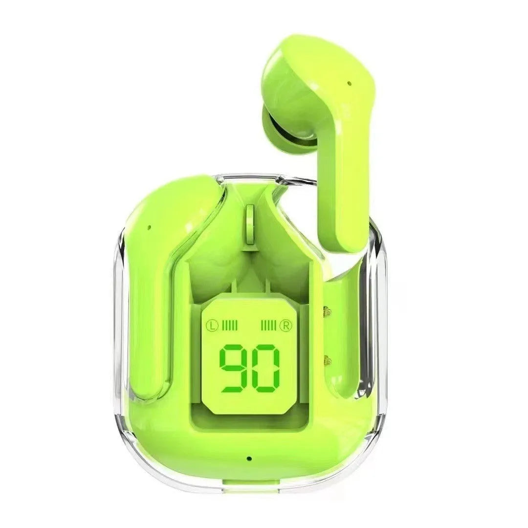Transparent case true wireless Bluetooth earphones showing digital display with black, white, blue, green, and peach colour options