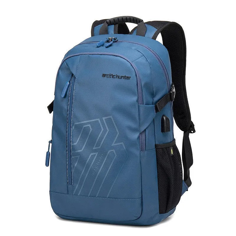 18-inch plaid pattern computer backpack with curved shoulder strap in blue colour