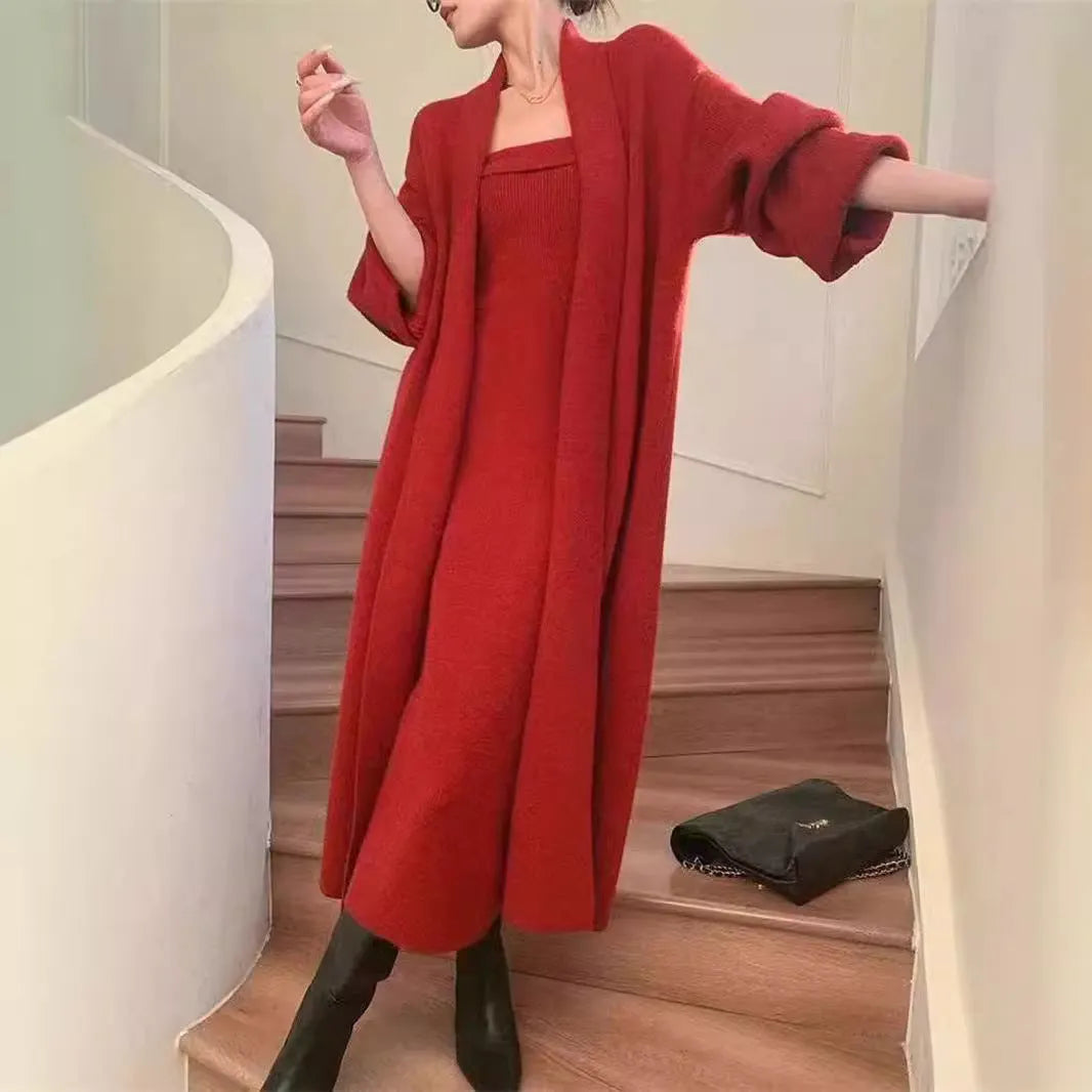 Women's gray knitted cardigan dress suit set with matching coat and flocking detail