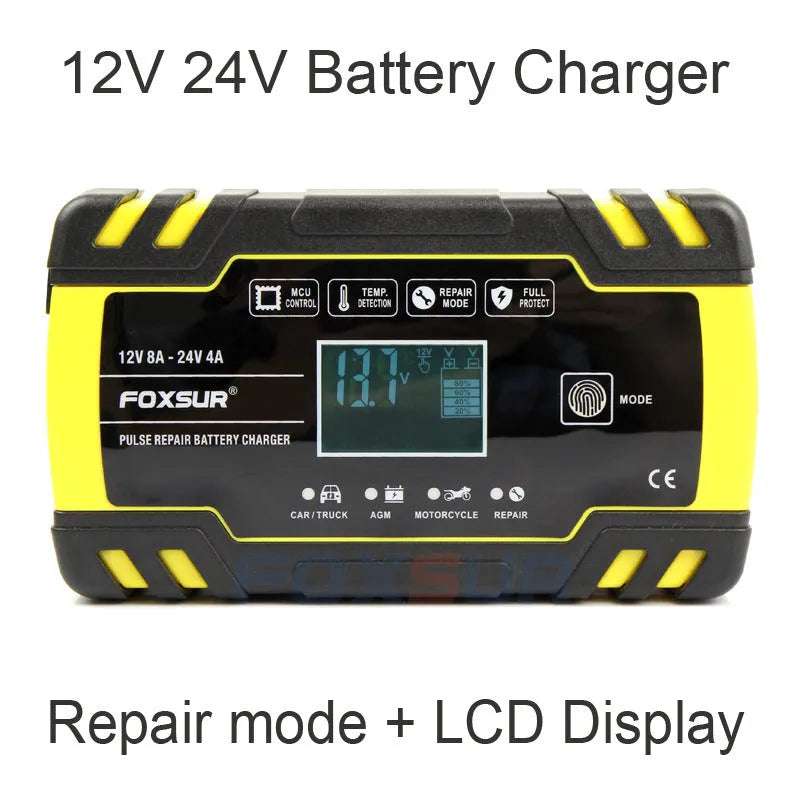 12V 24V lead-acid battery charger with digital screen display for motorcycle and car.
