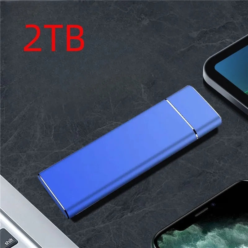 Sapphire blue metal portable external hard disk with USB cable for mobile phone and computer storage