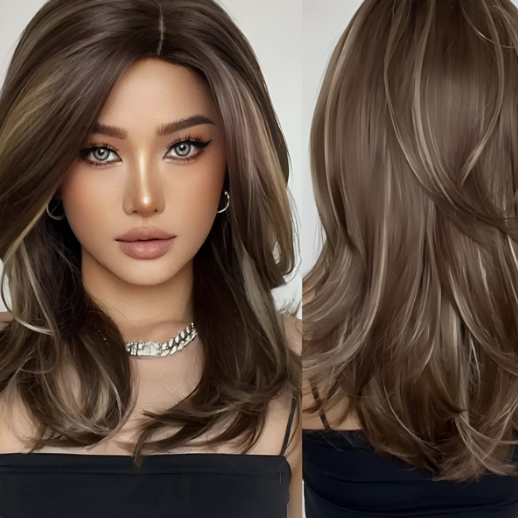 Mid-length curly synthetic wig with long bangs in gradient white gold, wine red, and brown colours