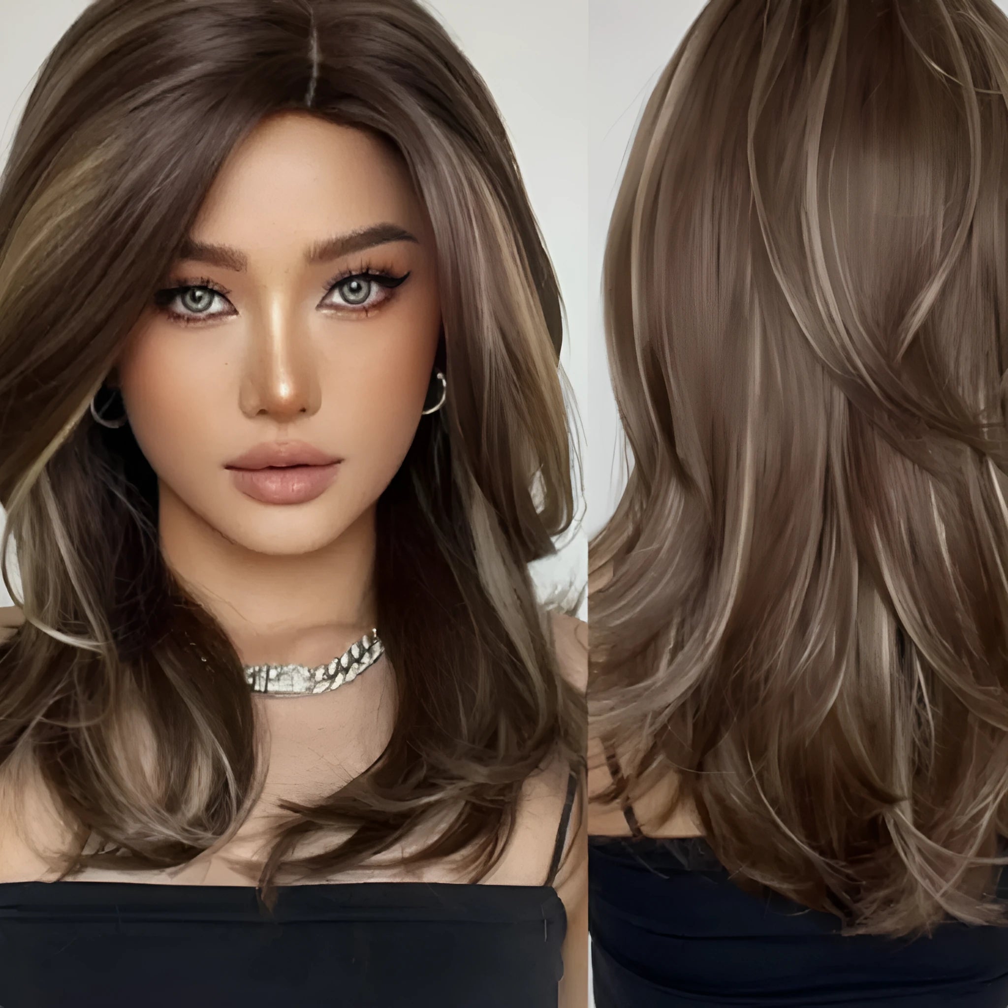 Mid-length curly synthetic wig with long bangs in gradient white gold, wine red, and brown colours