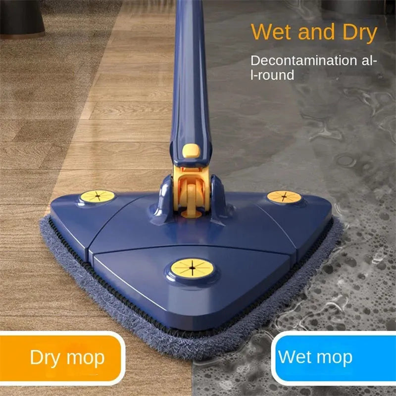 Blue triangle cleaning mop with extendable pole and rotating head for corner cleaning