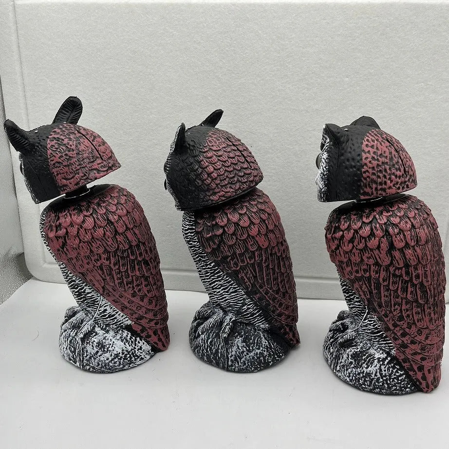 Artificial plastic owl bird scare ornament with moveable head for outdoor garden pest control