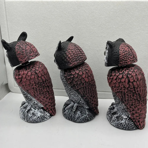Artificial plastic owl bird scare ornament with moveable head for outdoor garden pest control