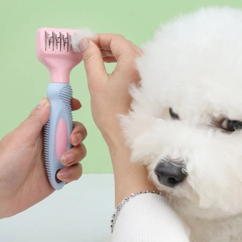 Pink stainless steel dog comb with built-in knot knife and massage brush for pet grooming