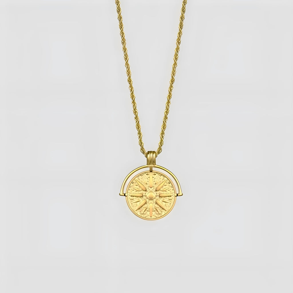 Round stainless steel pendant necklace with sunflower embossing and geometric design on adjustable hemp flowers chain
