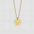 Round stainless steel pendant necklace with sunflower embossing and geometric design on adjustable hemp flowers chain