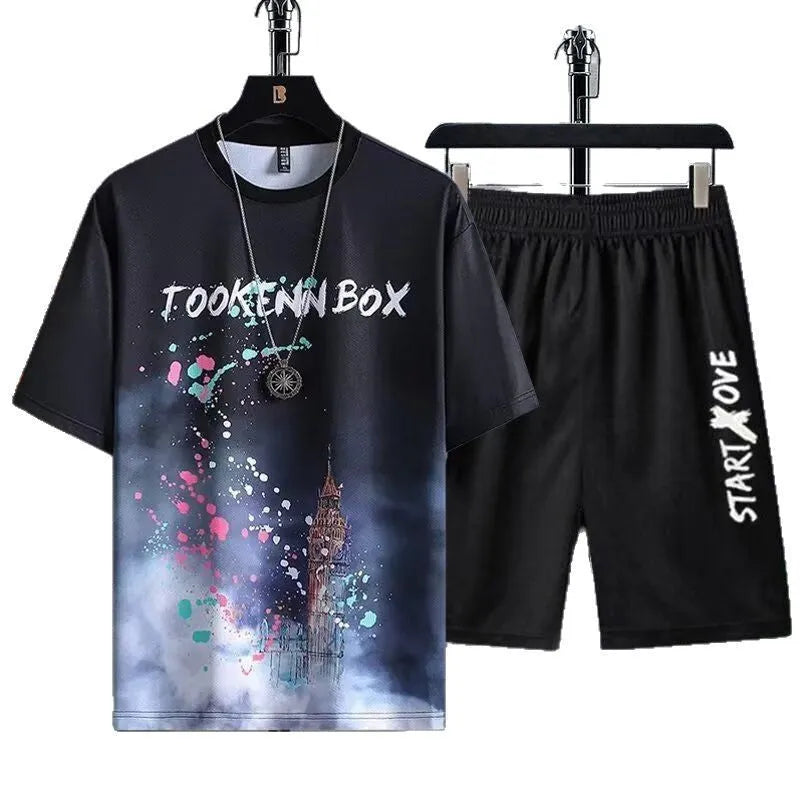 Men's light blue short sleeve t-shirt and matching shorts set for summer casual wear.