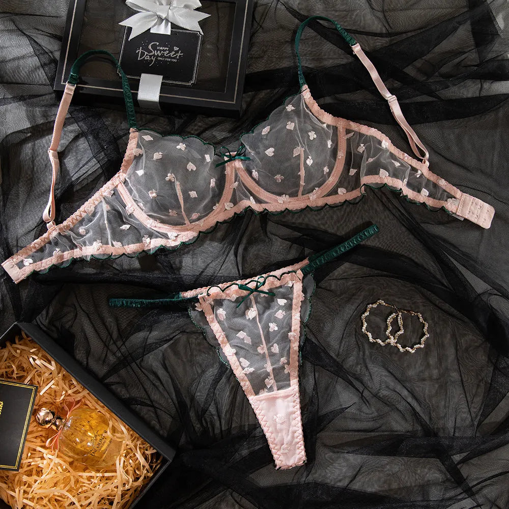Women's transparent embroidered pink floral underwear suit with bra and panties in pink