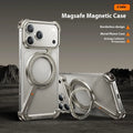 Black metal phone case for iPhone 17 Pro Max showing integrated magnetic bracket on the back.
