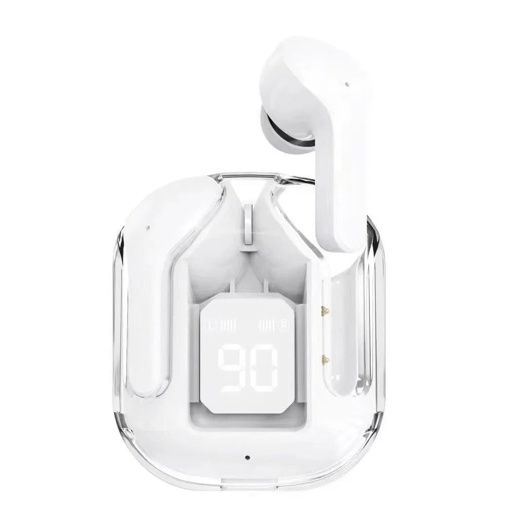 Transparent case true wireless Bluetooth earphones showing digital display with black, white, blue, green, and peach colour options
