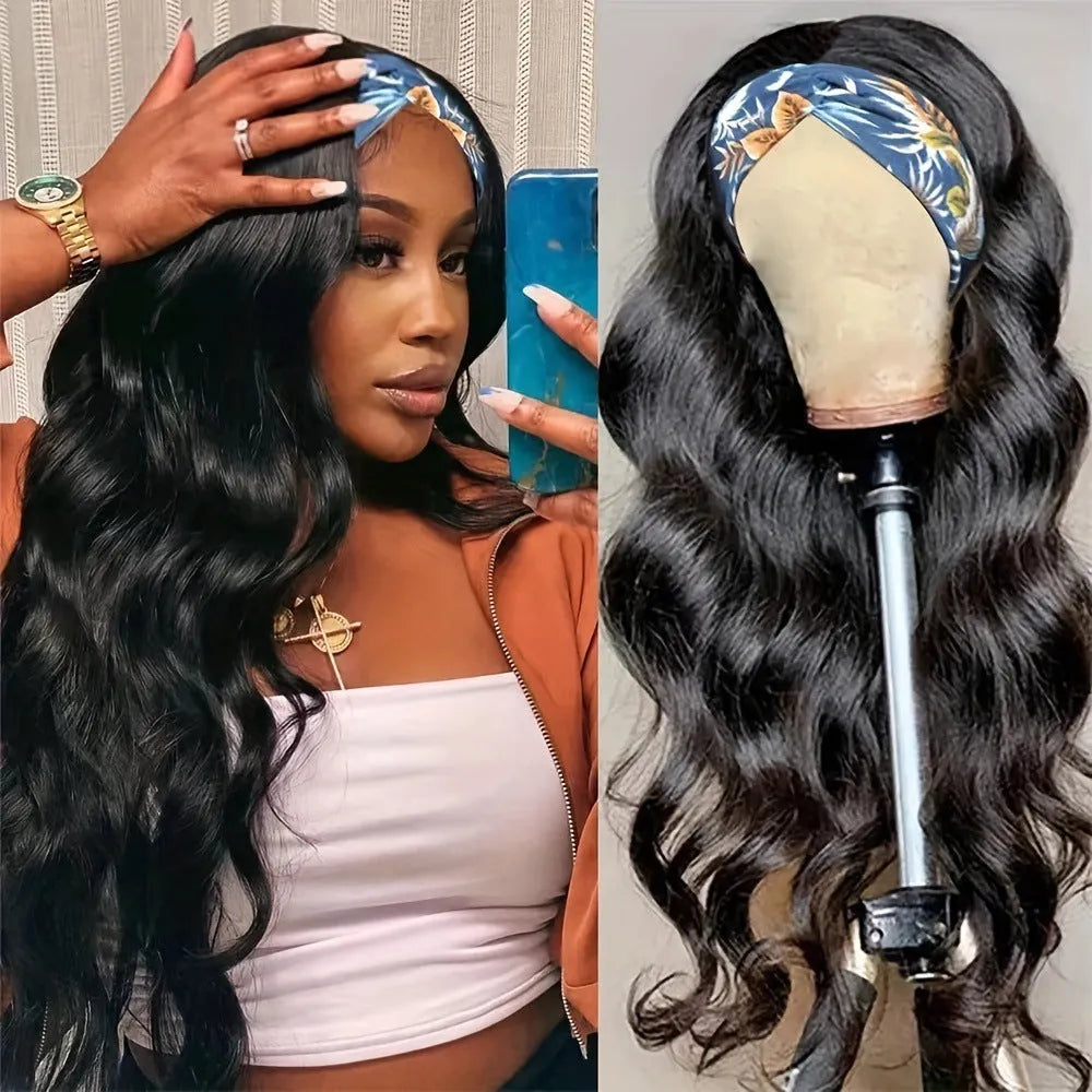 Headband wig with synthetic hair in straight or curly styles and wine red colour option