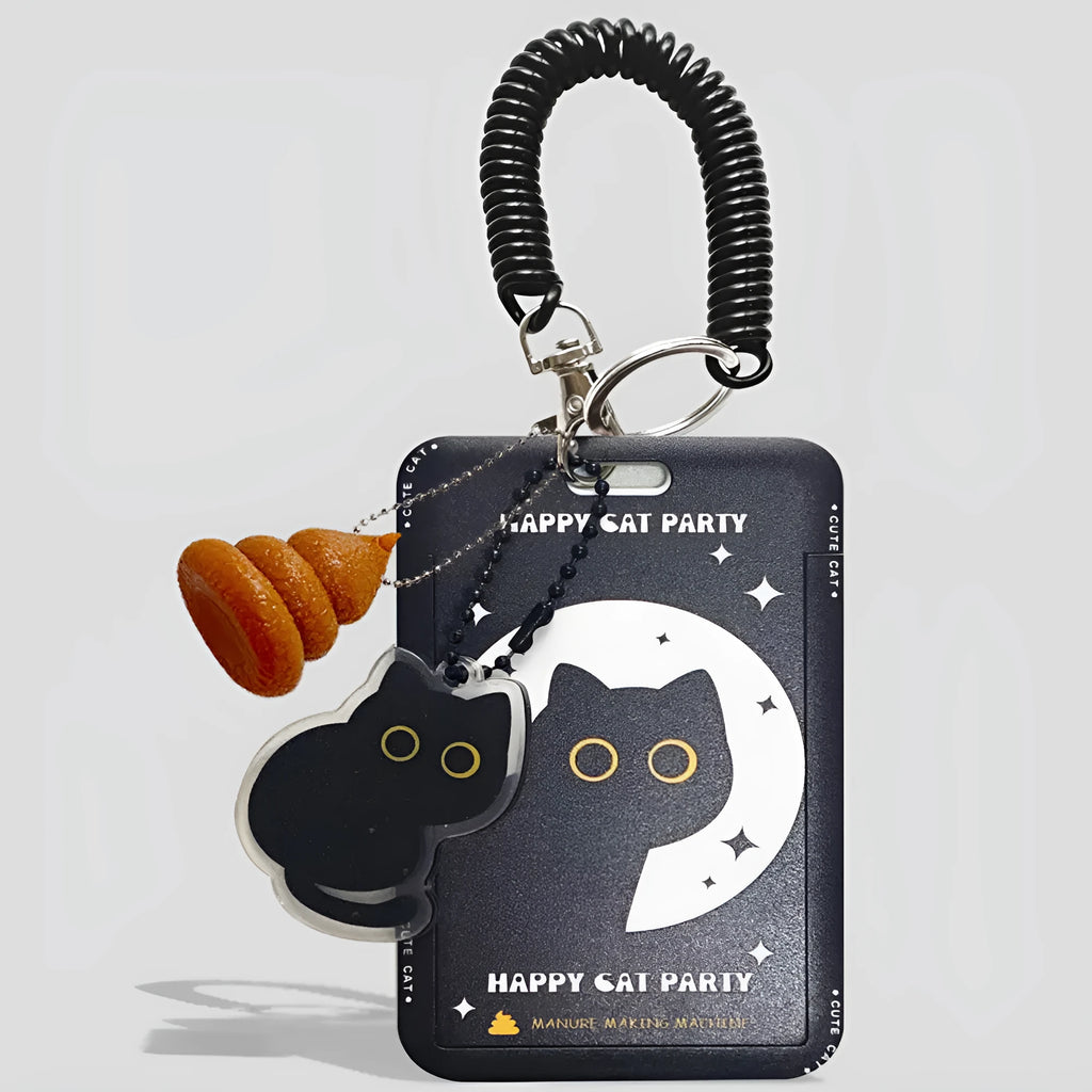 Cartoon black cat plastic card sleeve holder with a silver ferrule pendant attached.