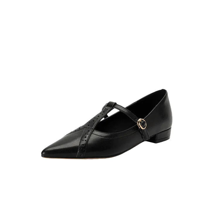 Brown women's casual cowhide flat shoes with round toe and soft bottom, shown with a skirt.