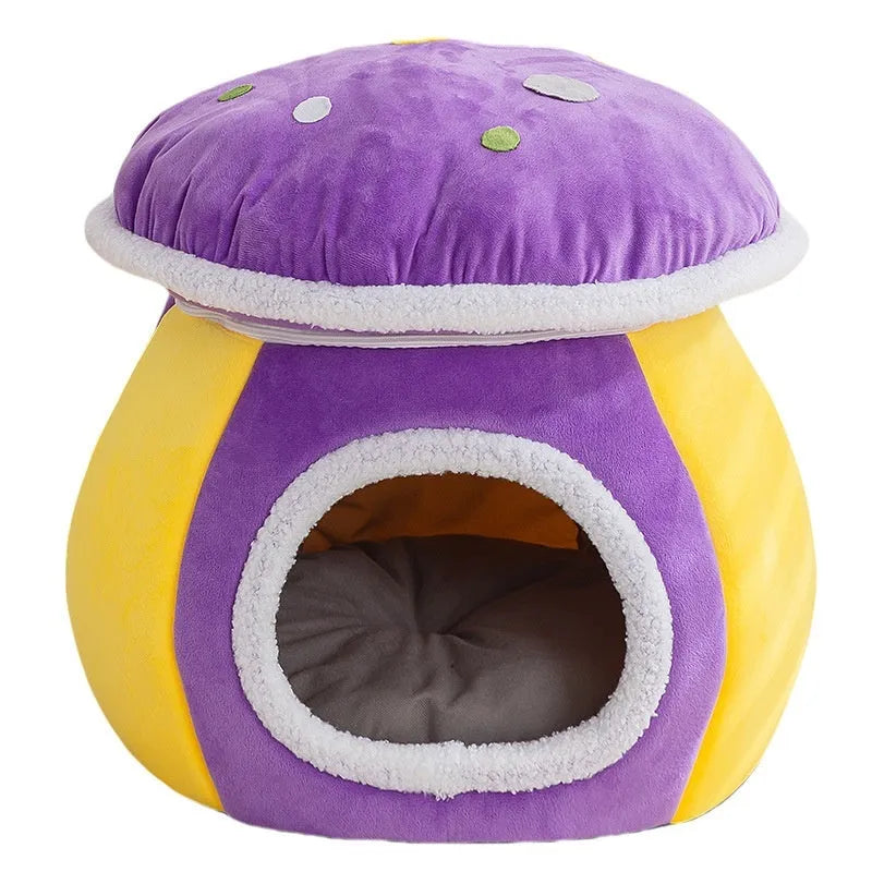 Grey mushroom-shaped cat nest bed with a detachable plush blanket for indoor cats.