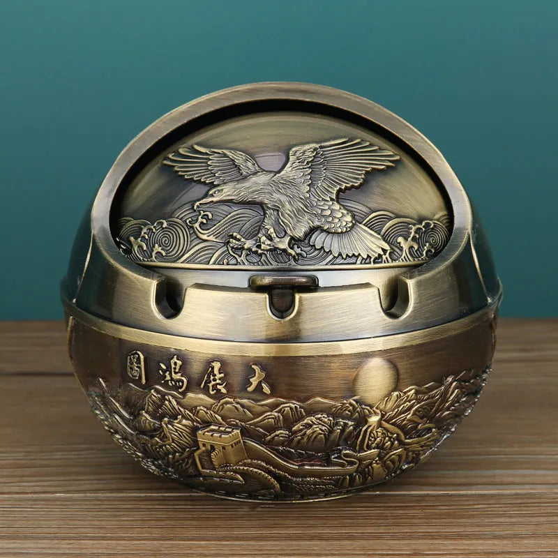Alloy ashtray with smoke extinguishing slot in bronze finish featuring decorative dragon and phoenix design