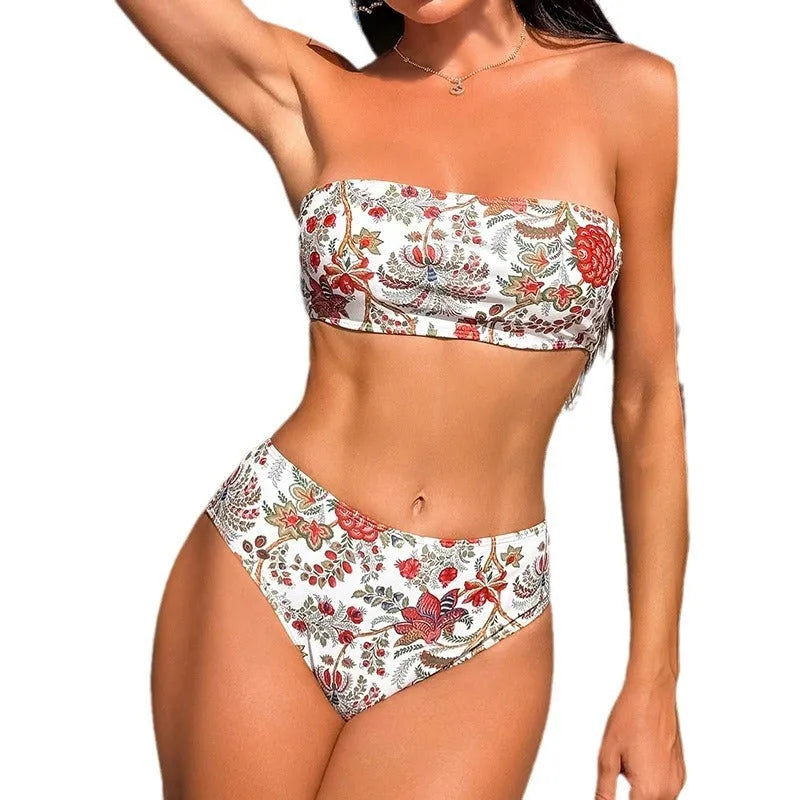 Women's printed bandeau swimsuit with triangle top and matching shorts set