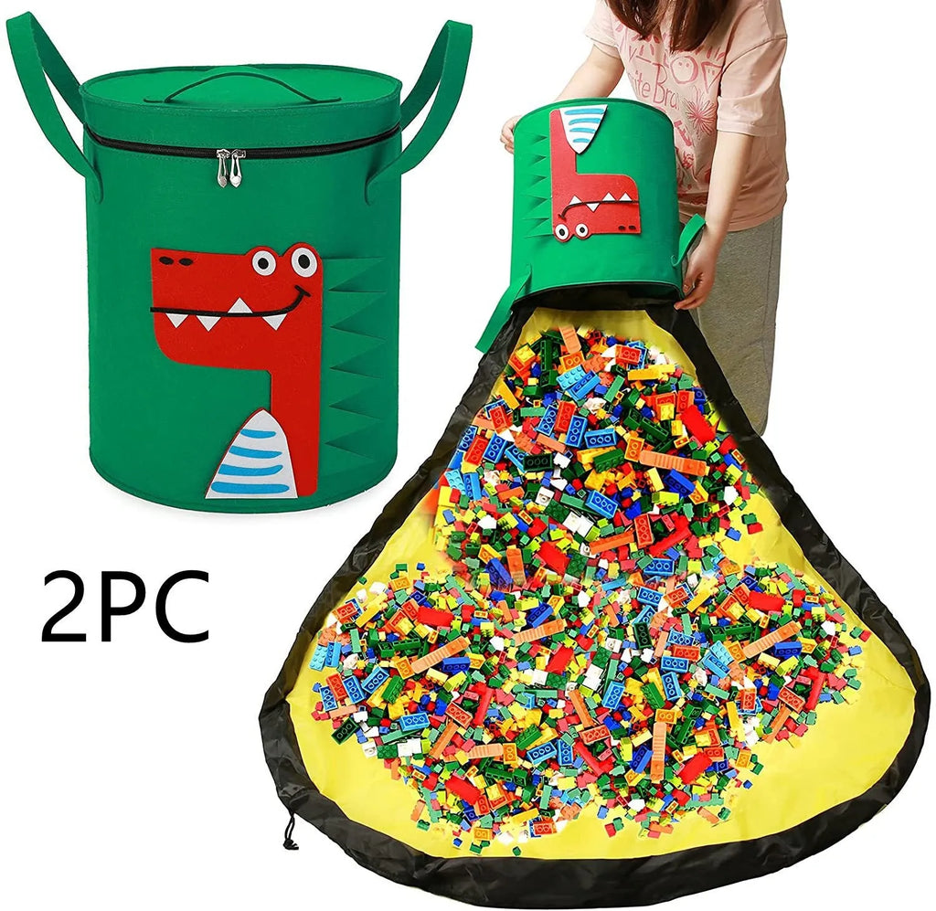 Green felt cube storage bag open as play mat with pull rope closure for children's toys