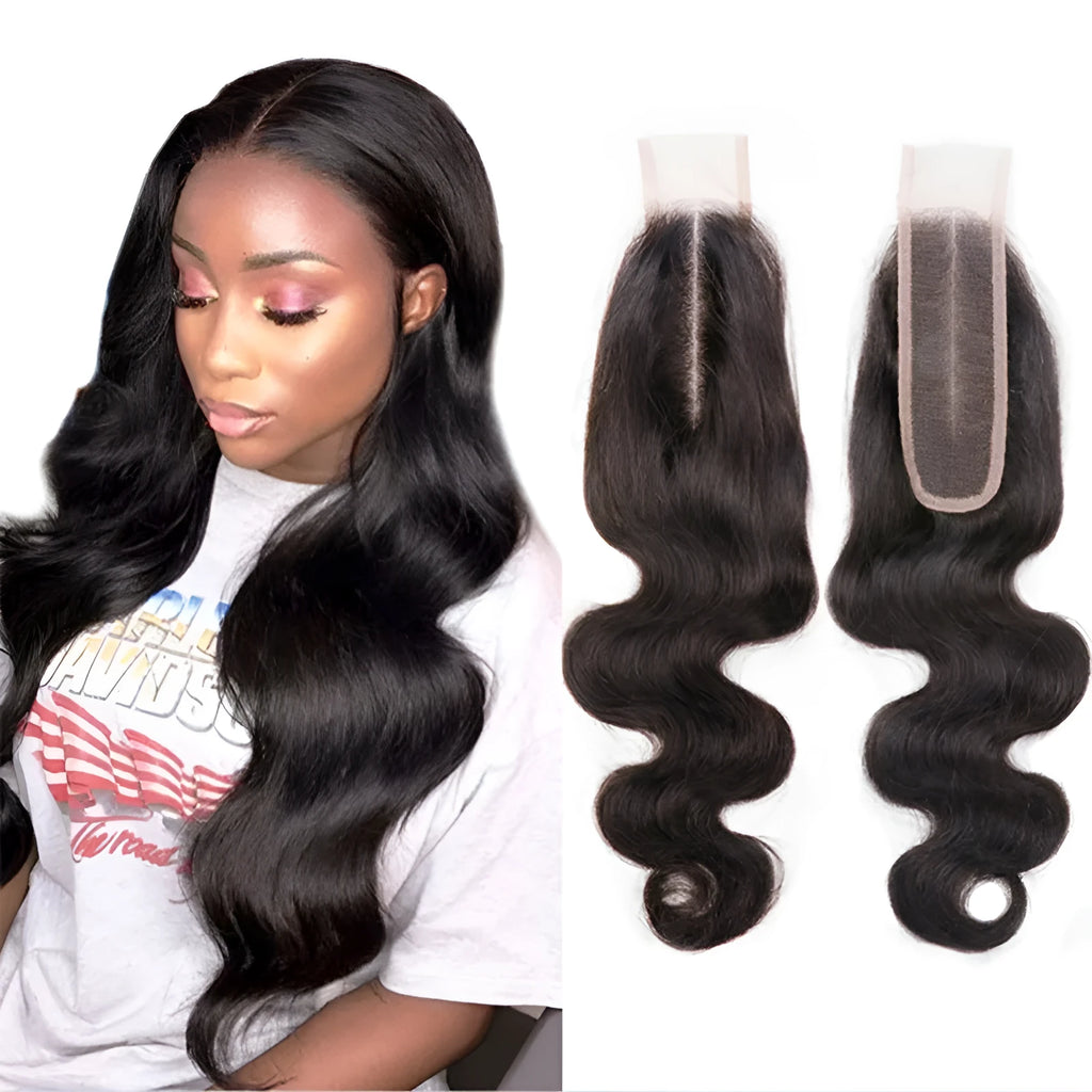 A woman wearing a straight, natural colour human hair wig in a medium length.