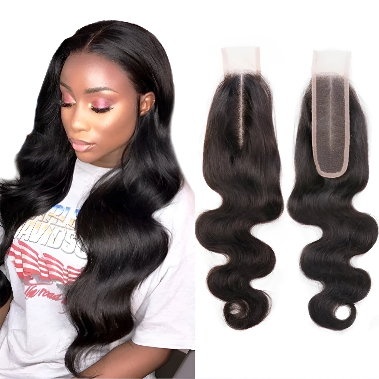 A woman wearing a straight, natural colour human hair wig in a medium length.
