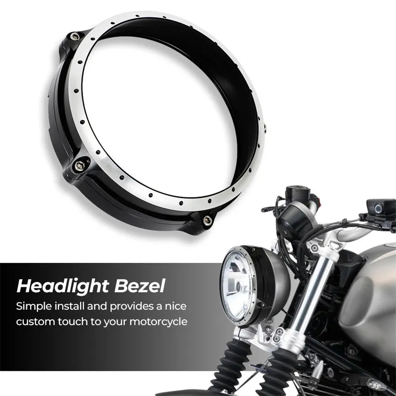 Black CNC aluminium headlight cover protective frame for BMW R NineT Scrambler motorcycle.