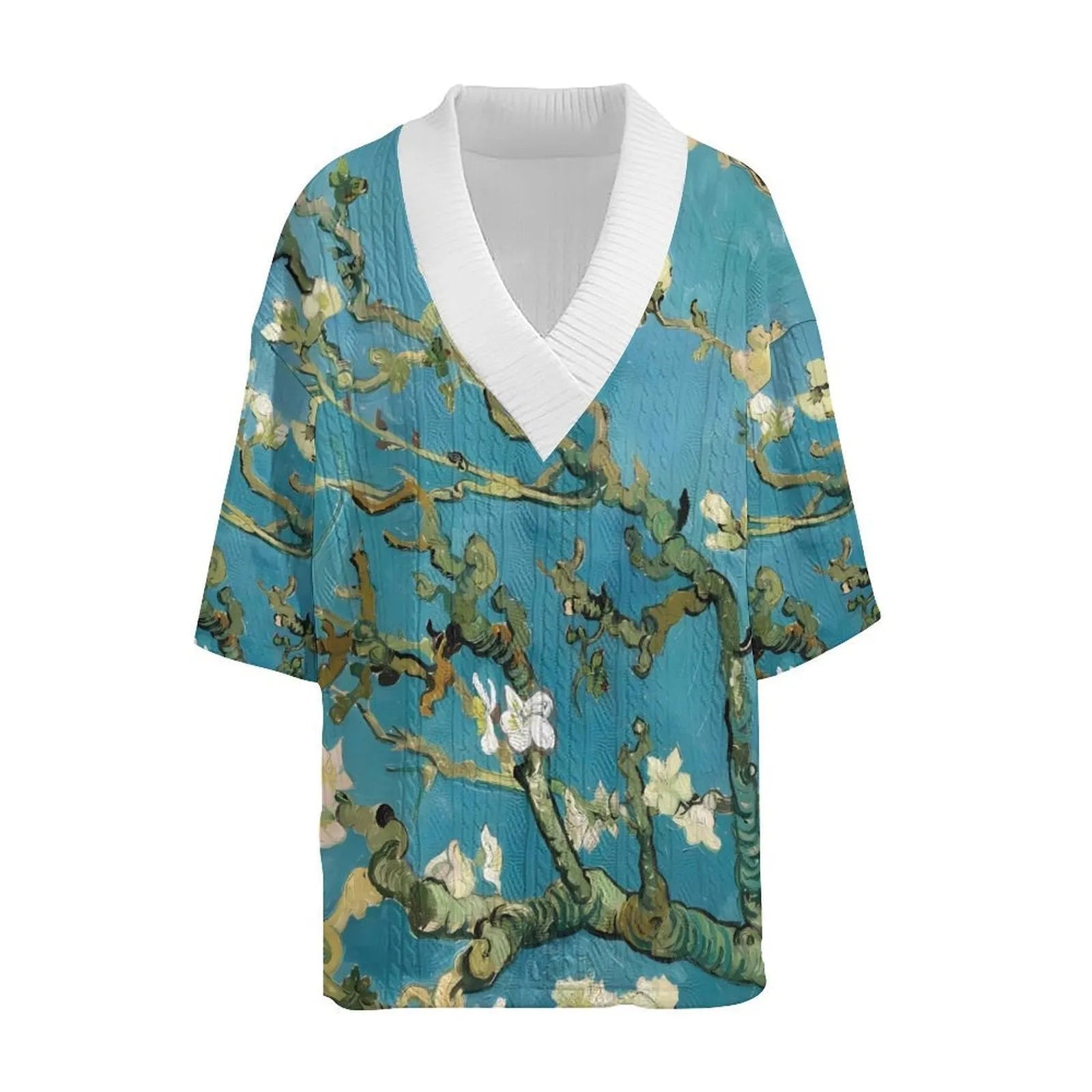 Men's peacock blue 3D printed knitted shorts and T-shirt casual suit set laid flat.
