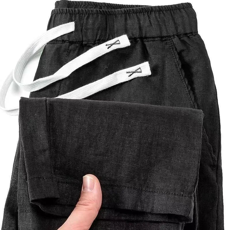 Chinese-style straight-leg linen-blend trousers with an elastic drawstring waist