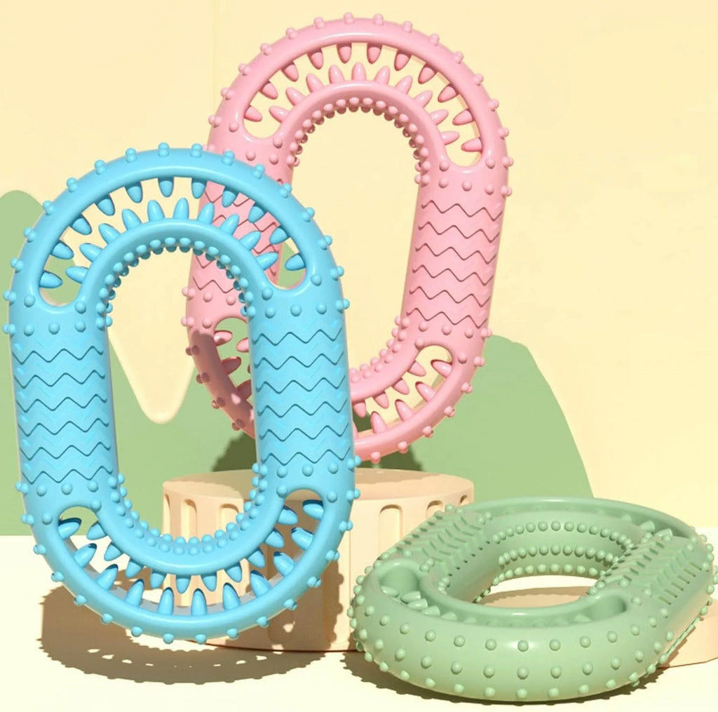 Blue green pink O-ring shaped resistant dog chewing toy for aggressive chewers and dental care