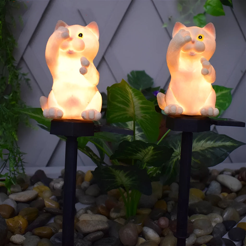 Brown and grey cat-shaped resin solar lawn light for outdoor gardens