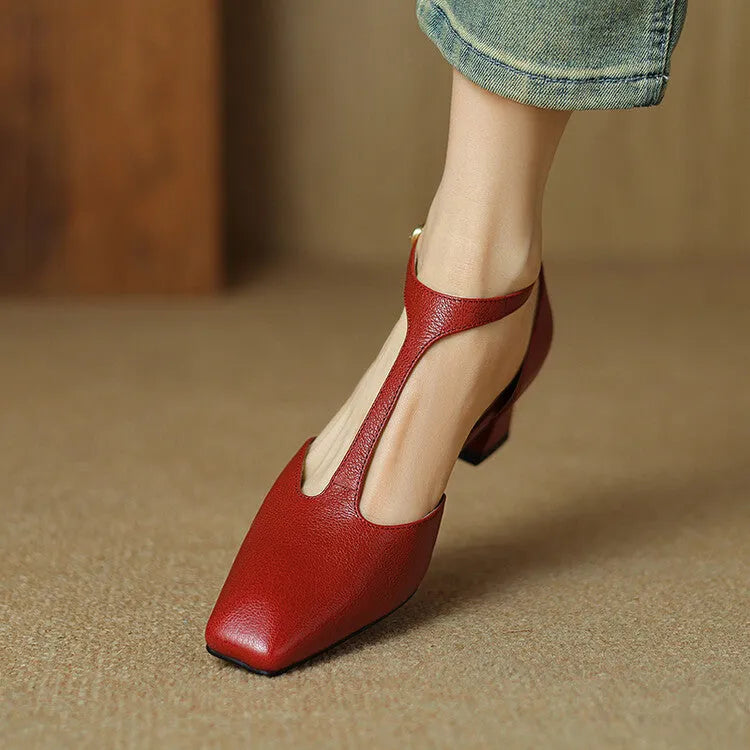 Women's wine red French retro square toe chunky heel buckle shoes made of sheepskin leather