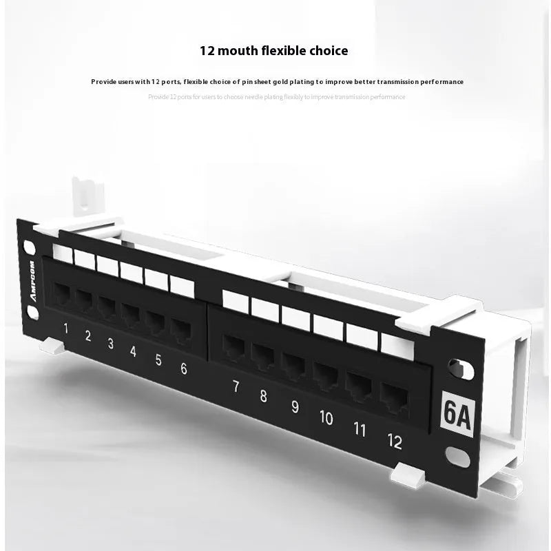 Black 12-port network distribution frame with cold rolled steel construction
