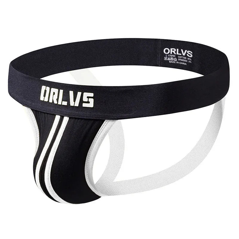 Men's cotton low waist thong in solid colour with double belt back design, front view