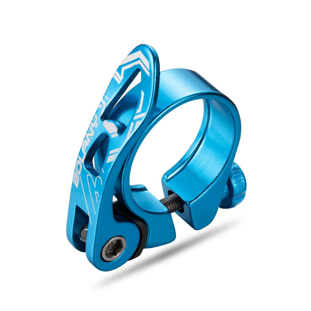Aluminium mountain bike seat post clamp in black, red, gold, or blue for 31.8mm or 34.9mm seat tubes.