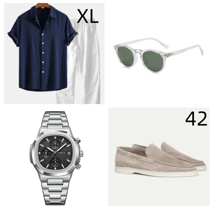 Casual loose short sleeve summer suit in cotton linen blend, shown in navy blue, with trousers.
