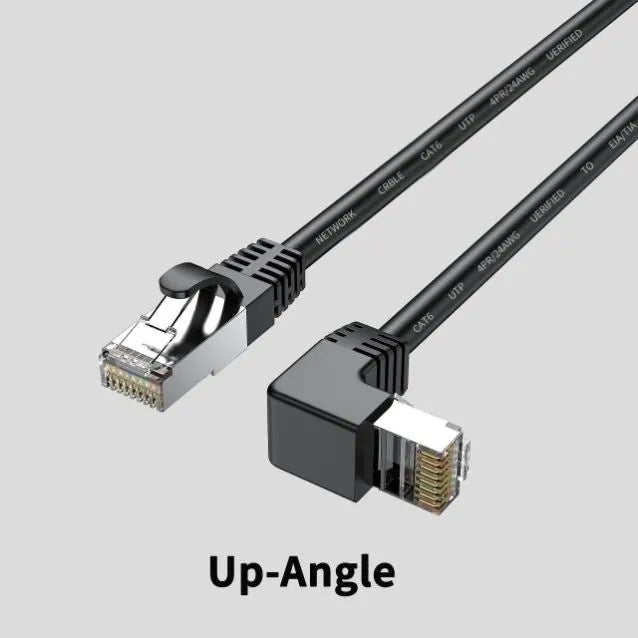 Right-angle Cat6 Ethernet cable with metal RJ45 connectors in various colours and lengths
